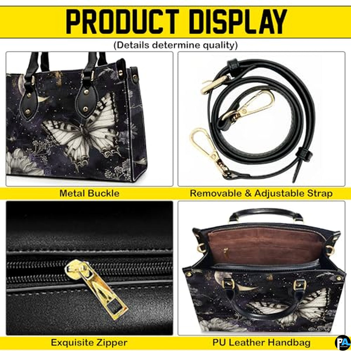 Personalized Butterfly Leather Handbag – Gothic Moon Bag with Adjustable Strap and Matching Witchcore Purse for Women