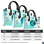 Side perspective view of celestial water bearer handbag and wallet showing structured profile