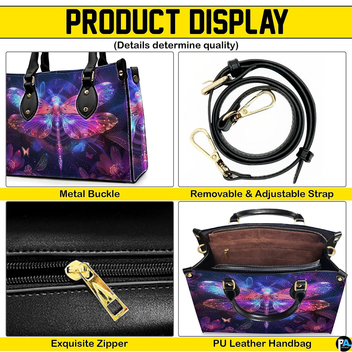 Interior view of neon dragonfly handbag showing open compartment and dark fabric lining
