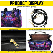 Interior view of neon dragonfly handbag showing open compartment and dark fabric lining