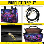 Interior view of neon dragonfly handbag showing open compartment and dark fabric lining
