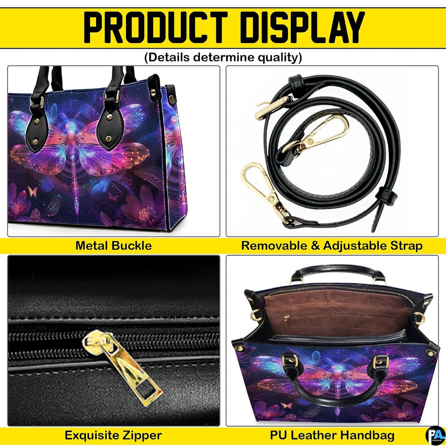 Interior view of neon dragonfly handbag showing open compartment and dark fabric lining