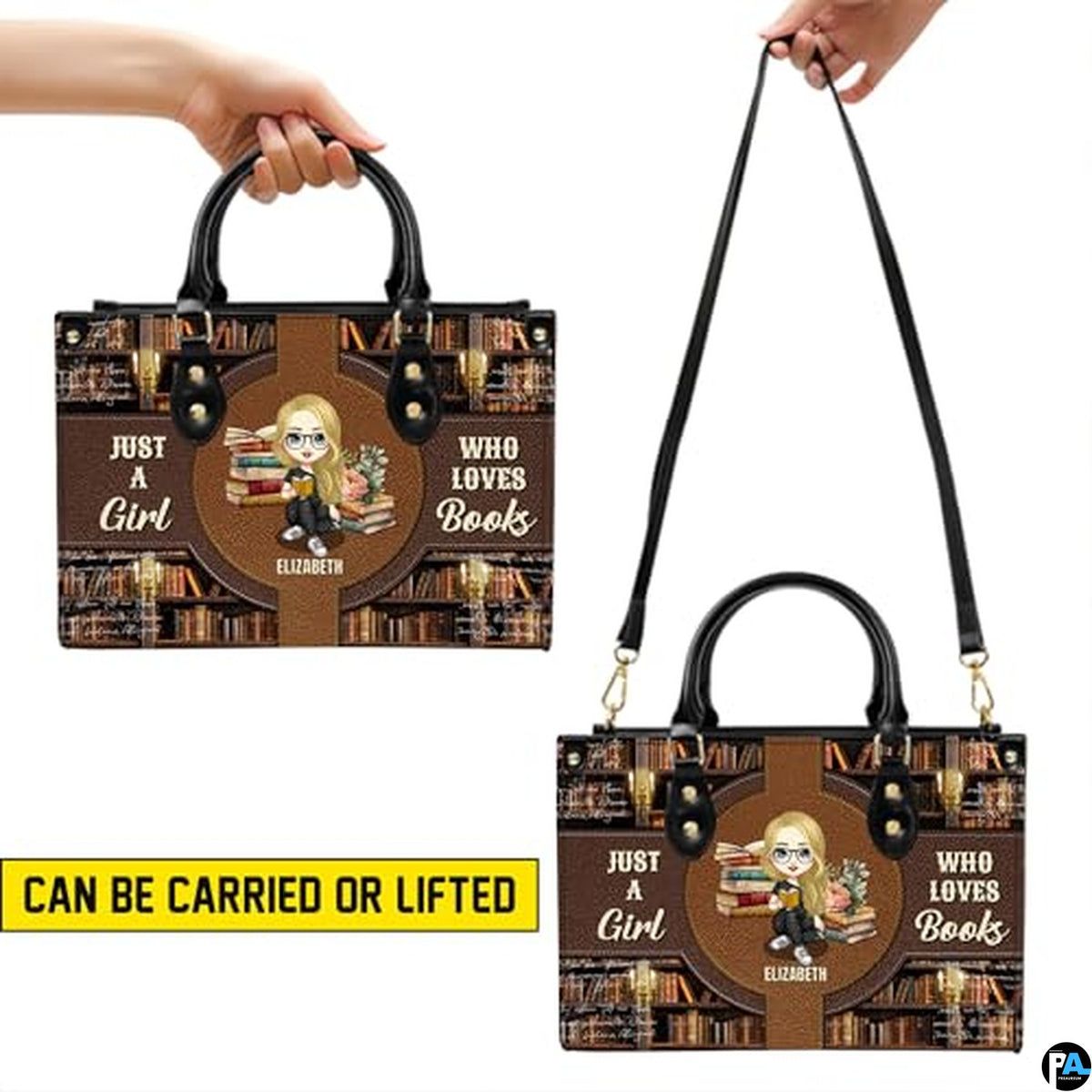 Two views demonstrating handheld and shoulder styling for the bookshelf art handbag.