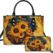 Sunflower afro profile portrait print shown on an artistic accessory duo resting against a pristine neutral studio surface.