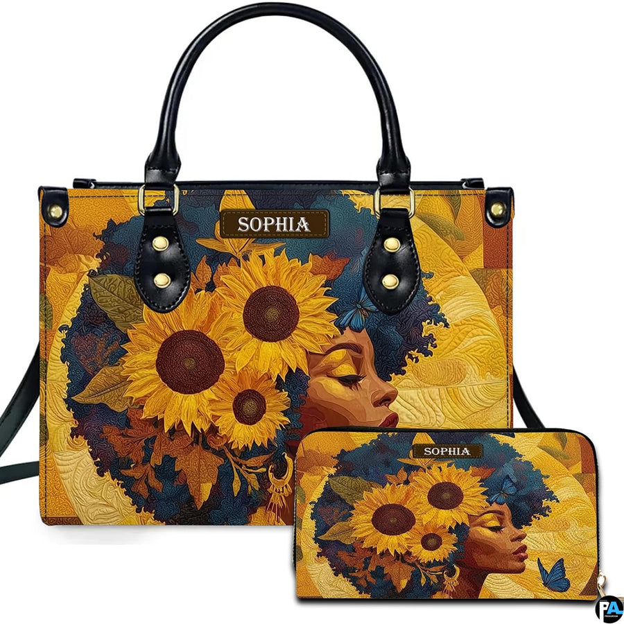 Sunflower afro profile portrait print shown on an artistic accessory duo resting against a pristine neutral studio surface.
