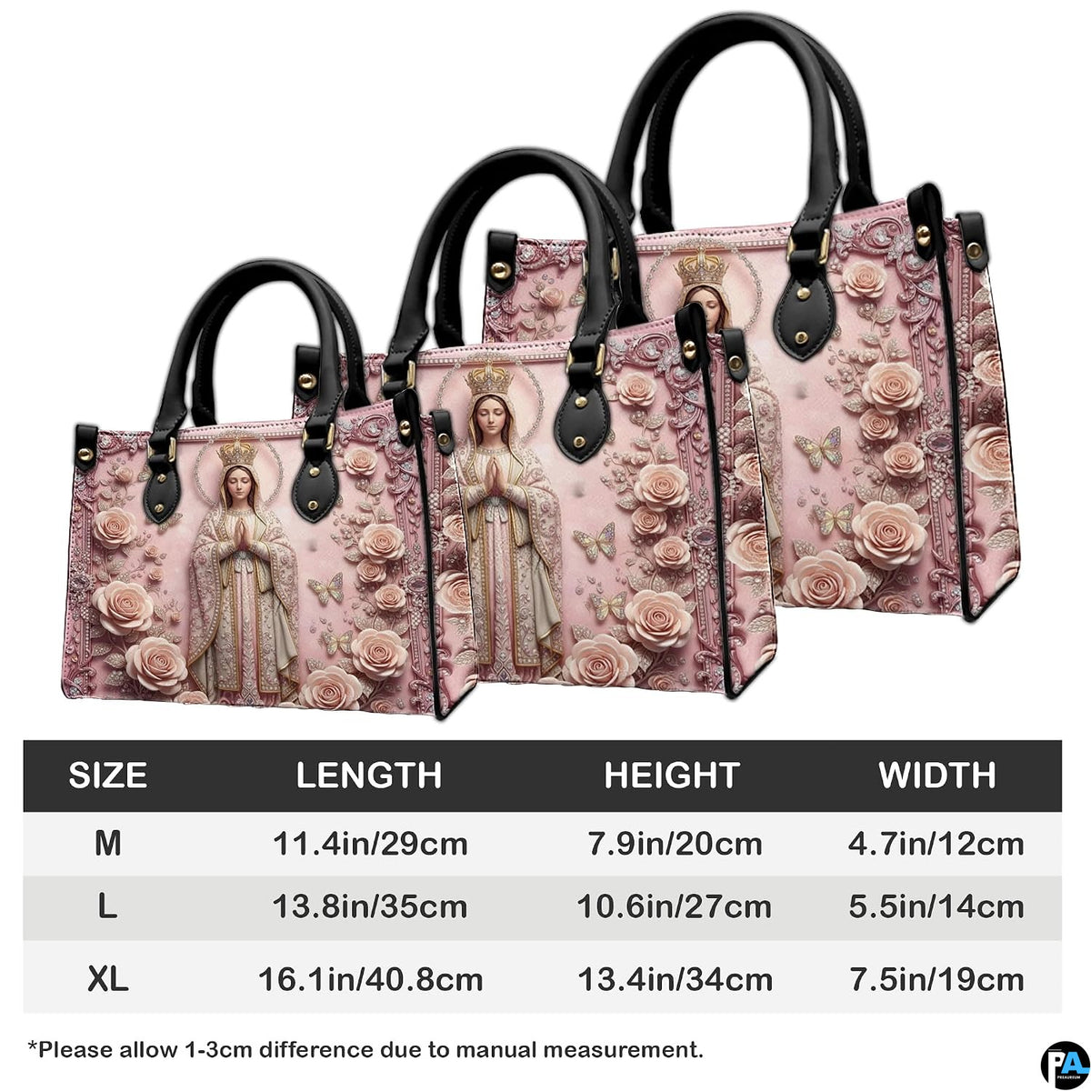 Size reference chart showing medium, large, and extra-large handbag dimensions