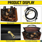 Overview collage presenting exterior structure, top loop, and secure fastener elements of satchel.
