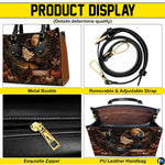 Overview collage presenting exterior structure, top loop, and secure fastener elements of satchel.