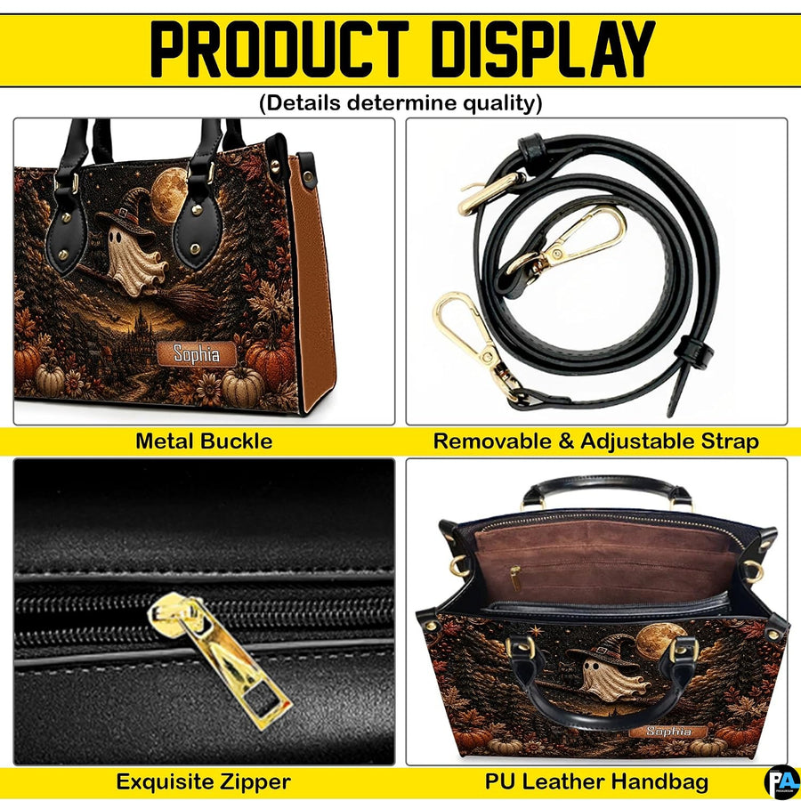 Overview collage presenting exterior structure, top loop, and secure fastener elements of satchel.