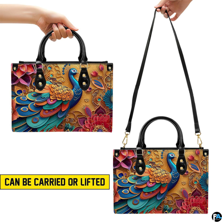 Peacock handbag shown in top-handle and shoulder carry styles