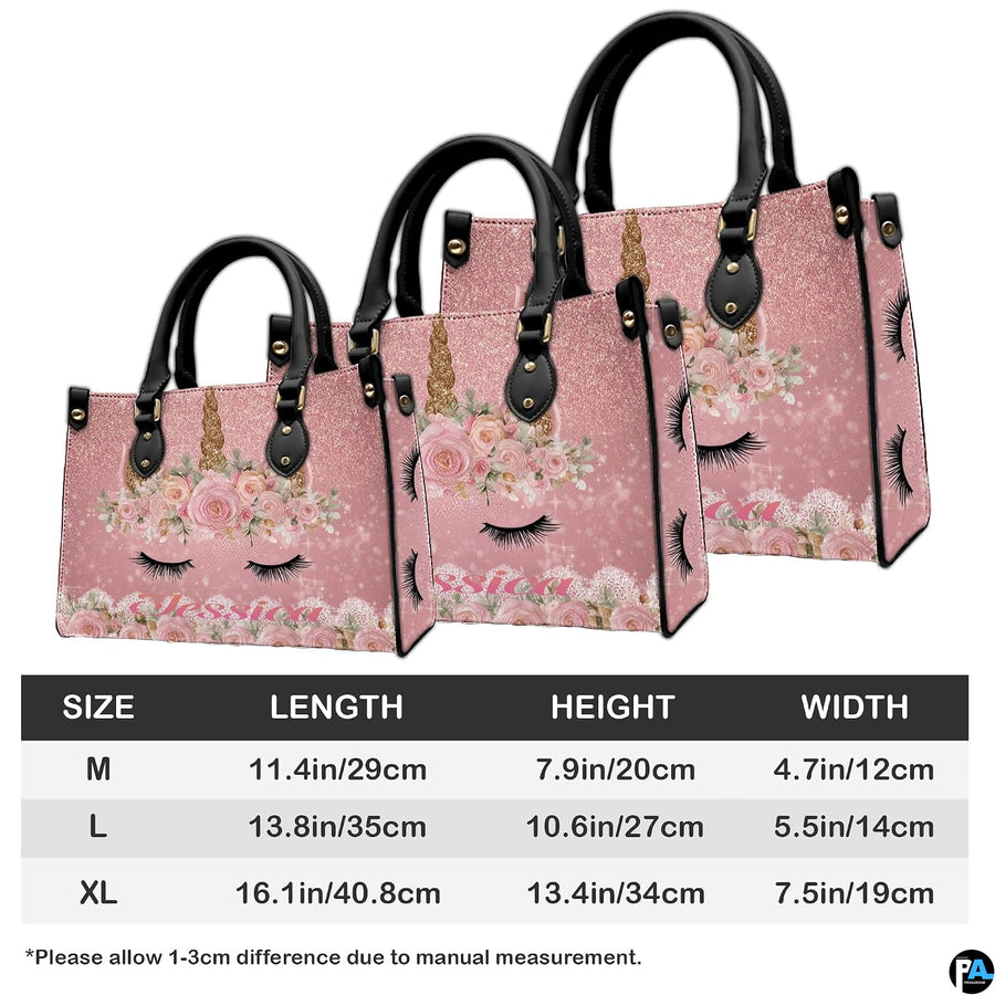 Back view of unicorn handbag showing continuous sparkling pink glitter pattern.