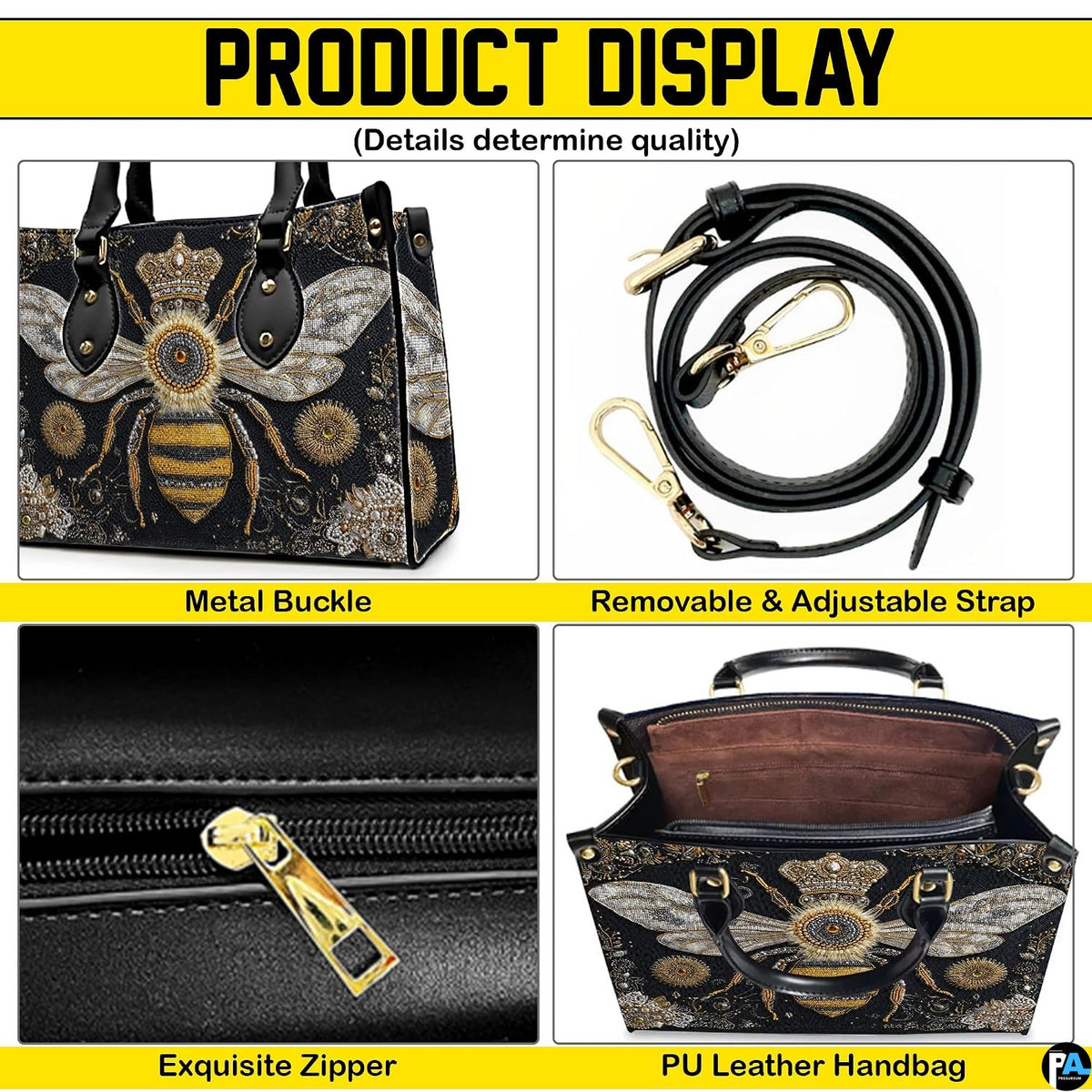 Detailed view of bee handbag interior showing zip pocket and structure.