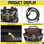 Detailed view of bee handbag interior showing zip pocket and structure.