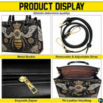 Detailed view of bee handbag interior showing zip pocket and structure.