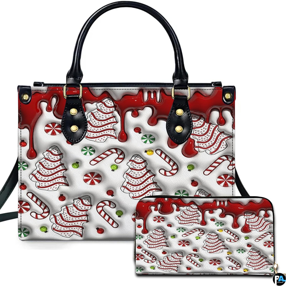 Christmas tree sugar cookies and candy cane pattern with dripping red confectionery icing.