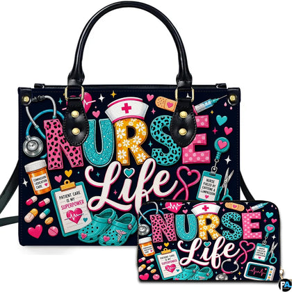 Black nurse life typography art depicting patterned lettering and clinical clogs on coordinating companion items.