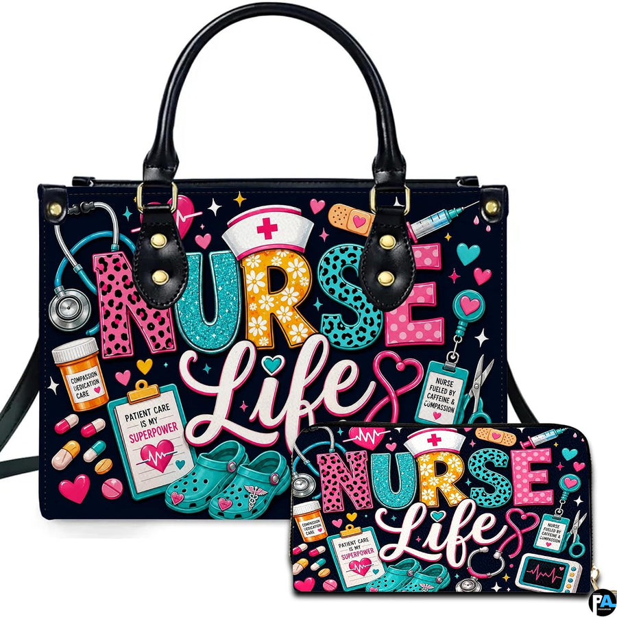 Black nurse life typography art depicting patterned lettering and clinical clogs on coordinating companion items.