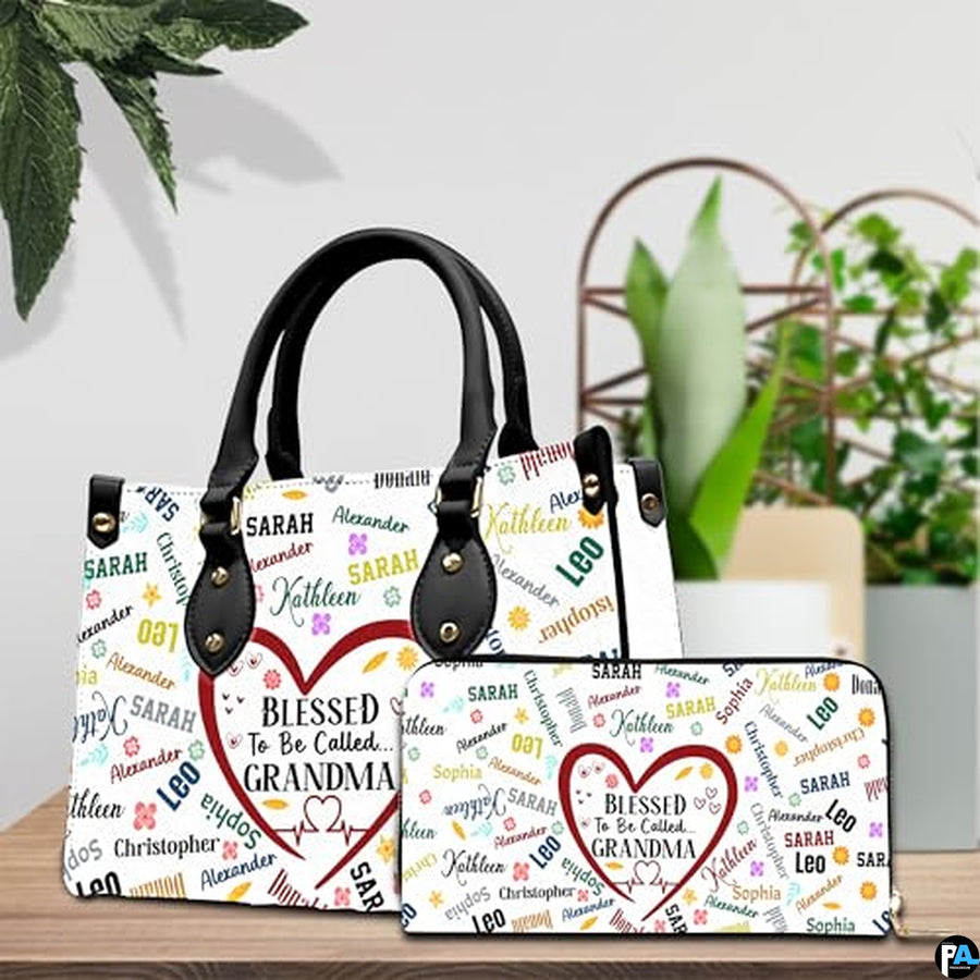 Mothers Day Gift Leather Bag- Personalized Grandmas Purse With Grandkids Names, Grandma Handbag Birthday Gifts For Mom Women