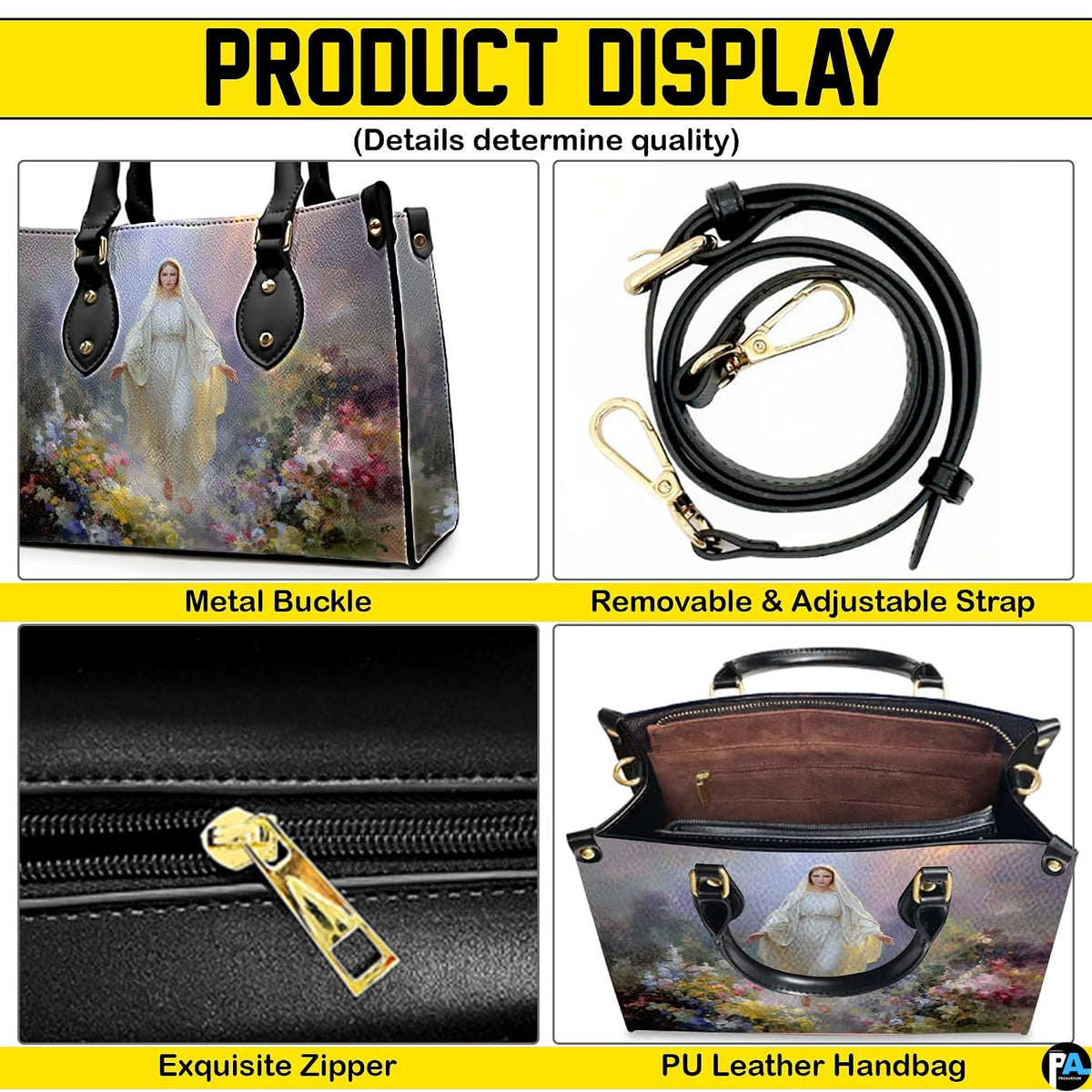 Product display infographic showing zipper, buckle, strap, and interior structure.