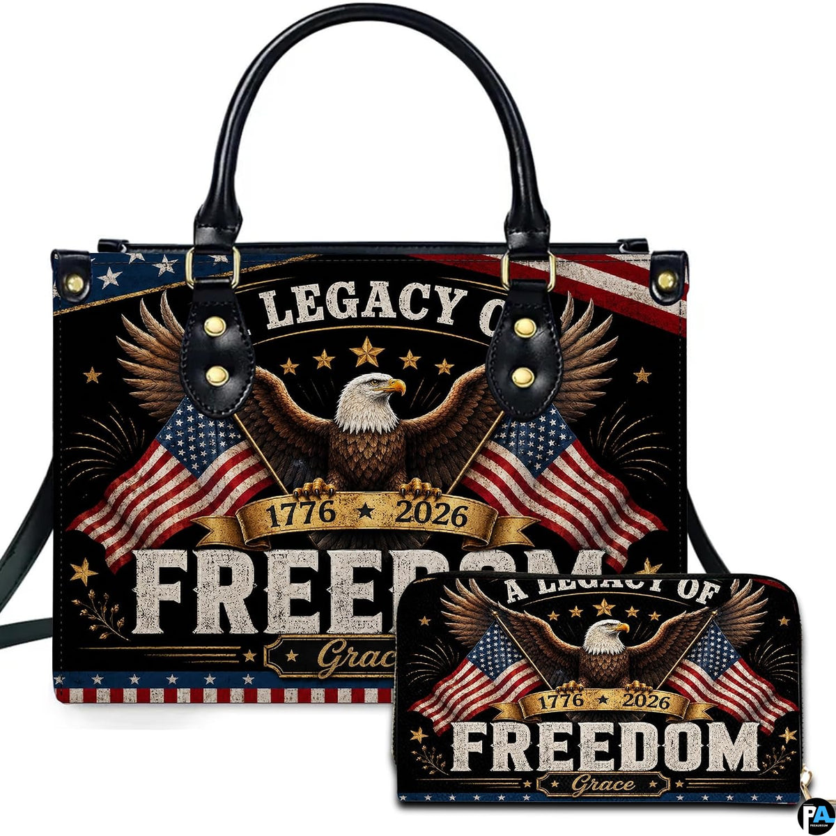 Patriotic bald eagle and American flag handbag and matching wallet set