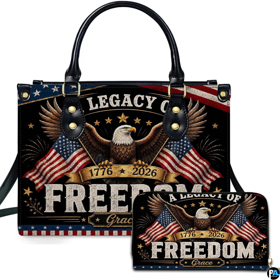 Patriotic bald eagle and American flag handbag and matching wallet set