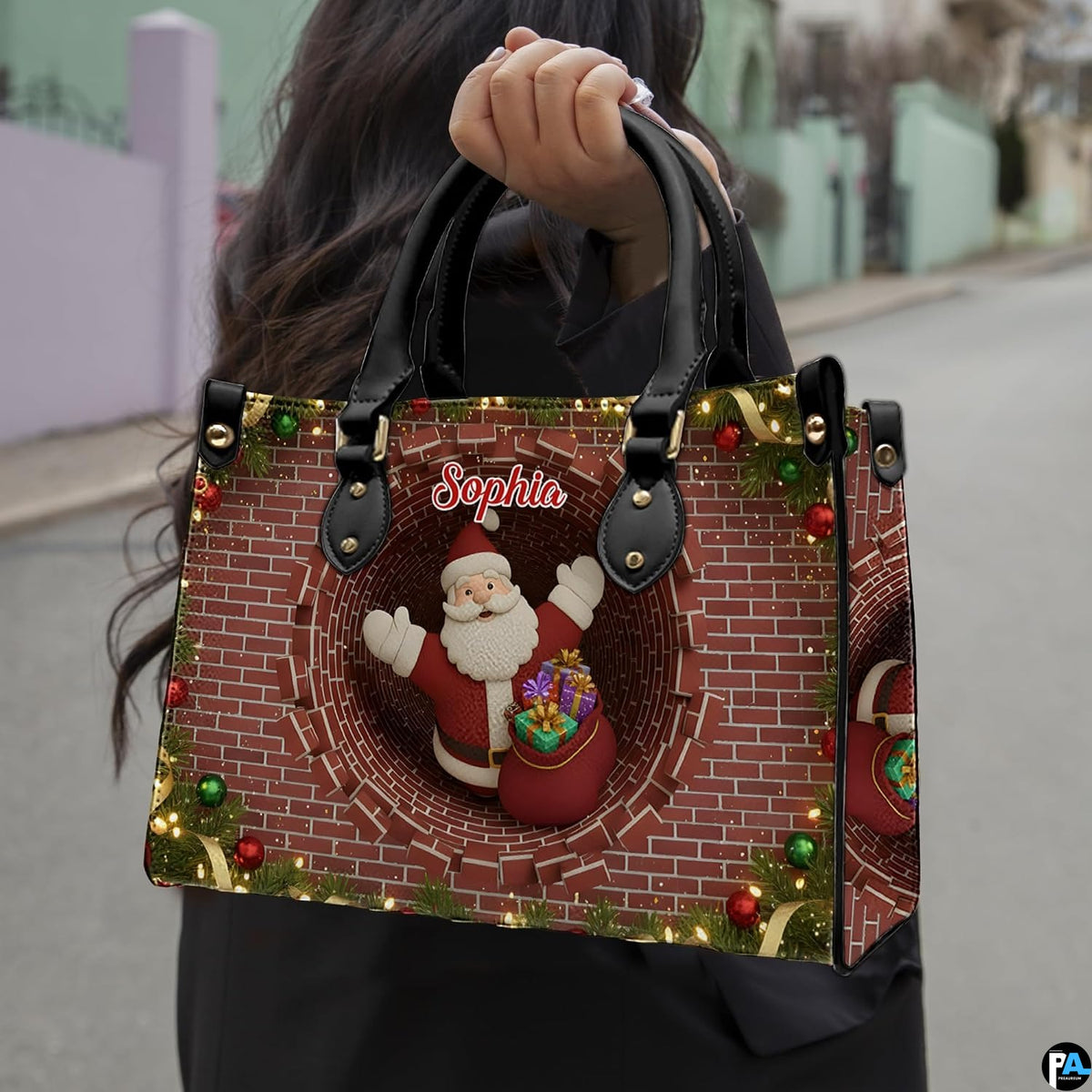 Front view of chimney purse showing Santa Claus, festive red brickwork, and illuminated pine boughs.