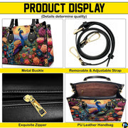 Peacock floral handbag shown with strap, zipper, and interior detail views