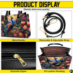 Peacock floral handbag shown with strap, zipper, and interior detail views