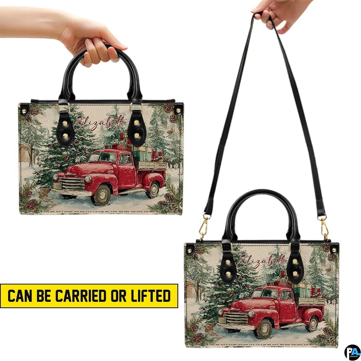 Side profile view of handbag showcasing continuous winter landscape pattern
