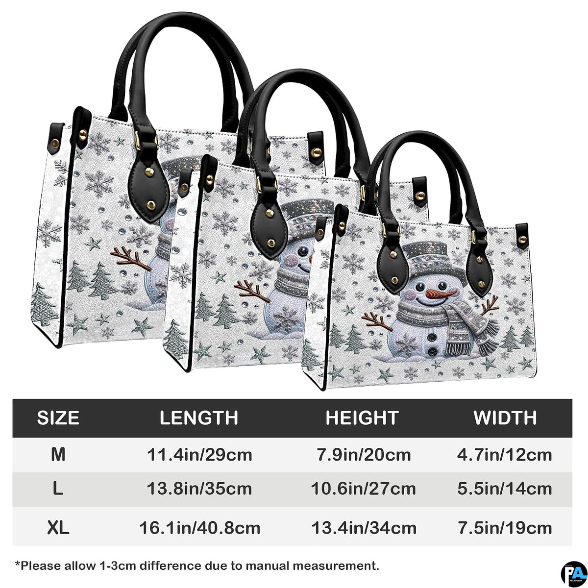 Back view displaying repeating glistening snowman artwork and metallic snowflake graphics.