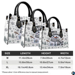 Back view displaying repeating glistening snowman artwork and metallic snowflake graphics.
