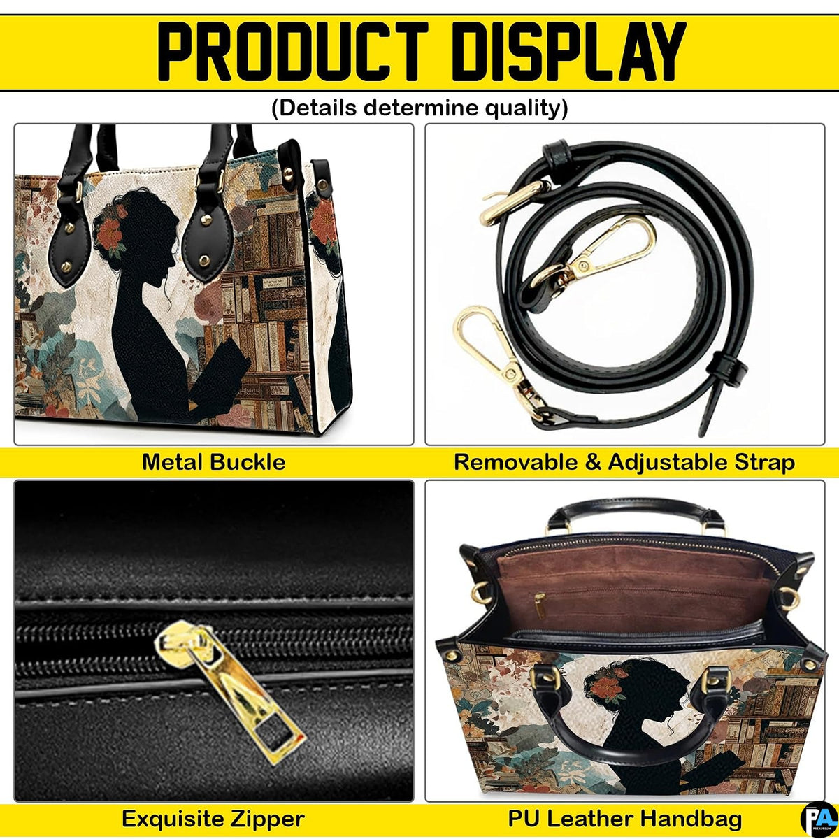Product diagram highlighting handle buckles, removable shoulder strap, zipper pull, and lining.