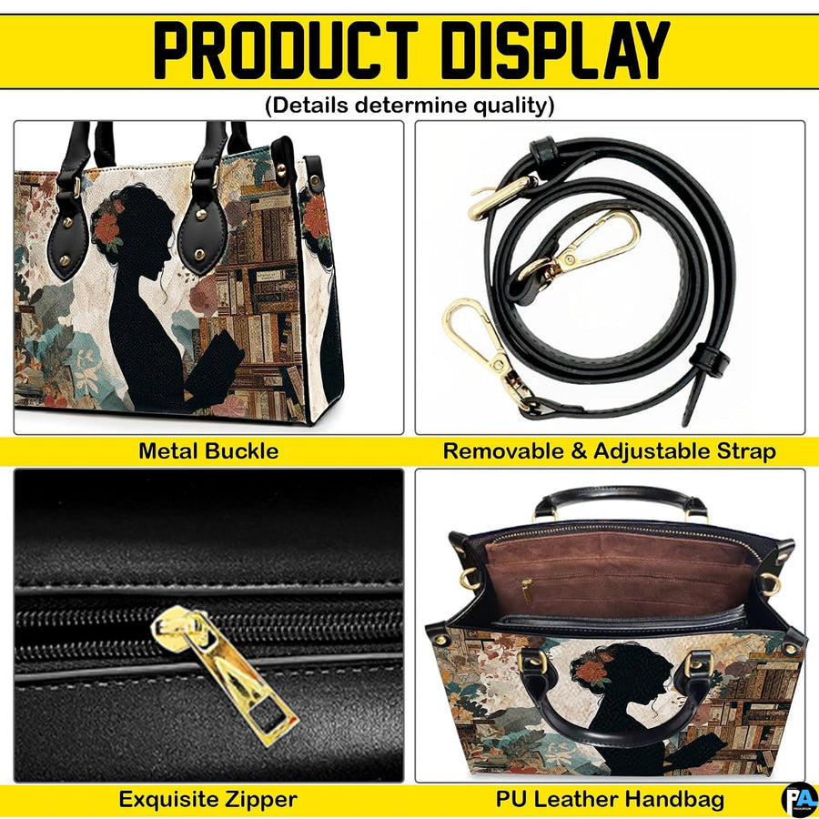 Product diagram highlighting handle buckles, removable shoulder strap, zipper pull, and lining.