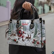 Lifestyle view showing festive Christmas accessory outdoors displaying snowy holiday landscape art.