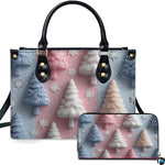 Front view of holiday accessory displaying pastel pink and blue vertical panels with stylized pine trees and snowflakes