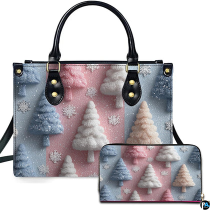 Front view of holiday accessory displaying pastel pink and blue vertical panels with stylized pine trees and snowflakes