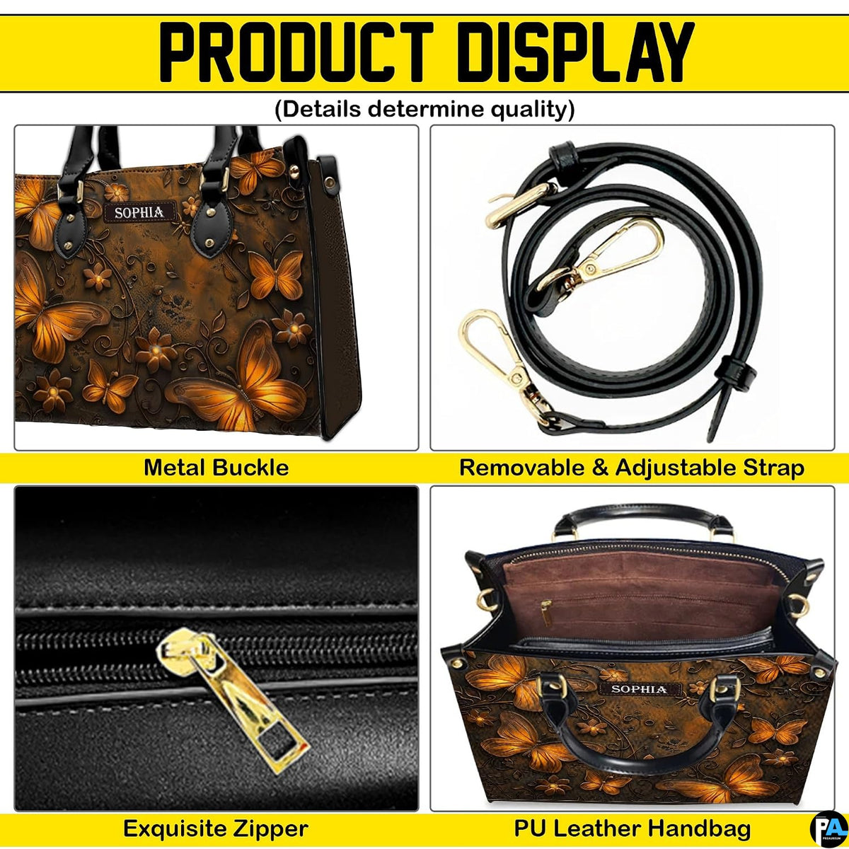 Feature collage illustrating top handles, carrying strap, secure closure, and interior lining view.