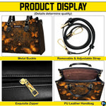 Feature collage illustrating top handles, carrying strap, secure closure, and interior lining view.