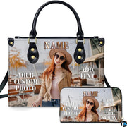 Autumn cafe woman portrait handbag displayed beside matching wallet on white background.