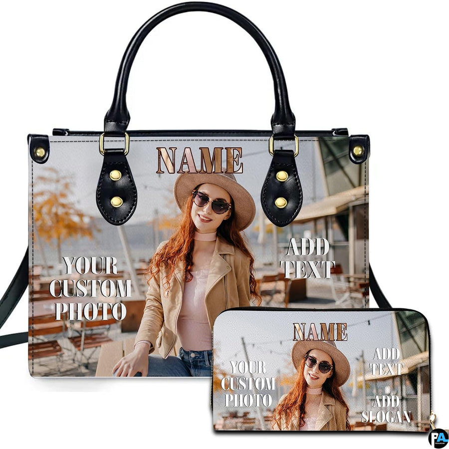 Autumn cafe woman portrait handbag displayed beside matching wallet on white background.