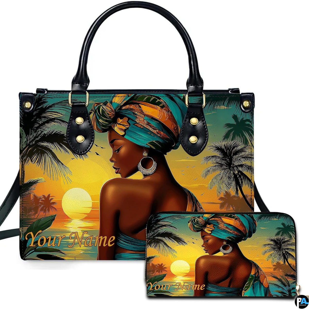 Front view showcasing Afrocentric woman in turquoise headwrap against glowing beach sunset and palm trees.