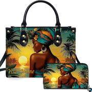 Front view showcasing Afrocentric woman in turquoise headwrap against glowing beach sunset and palm trees.