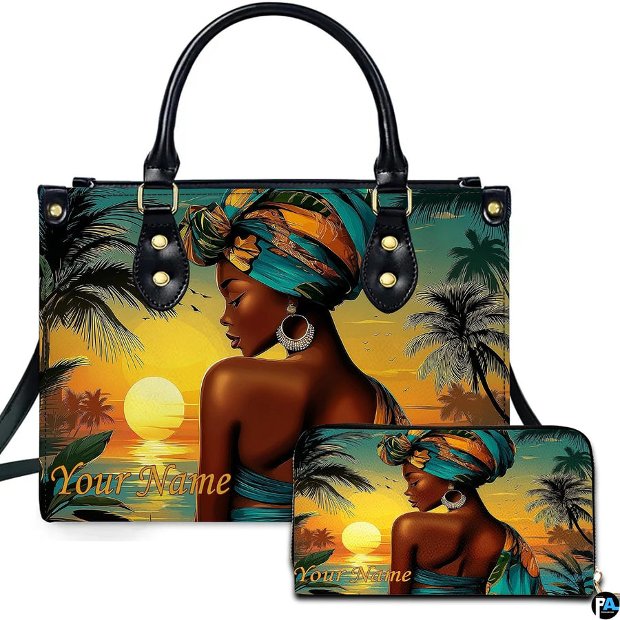 Front view showcasing Afrocentric woman in turquoise headwrap against glowing beach sunset and palm trees.