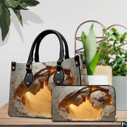 Virgin Mary devotional handbag and matching wallet displayed on a wooden table