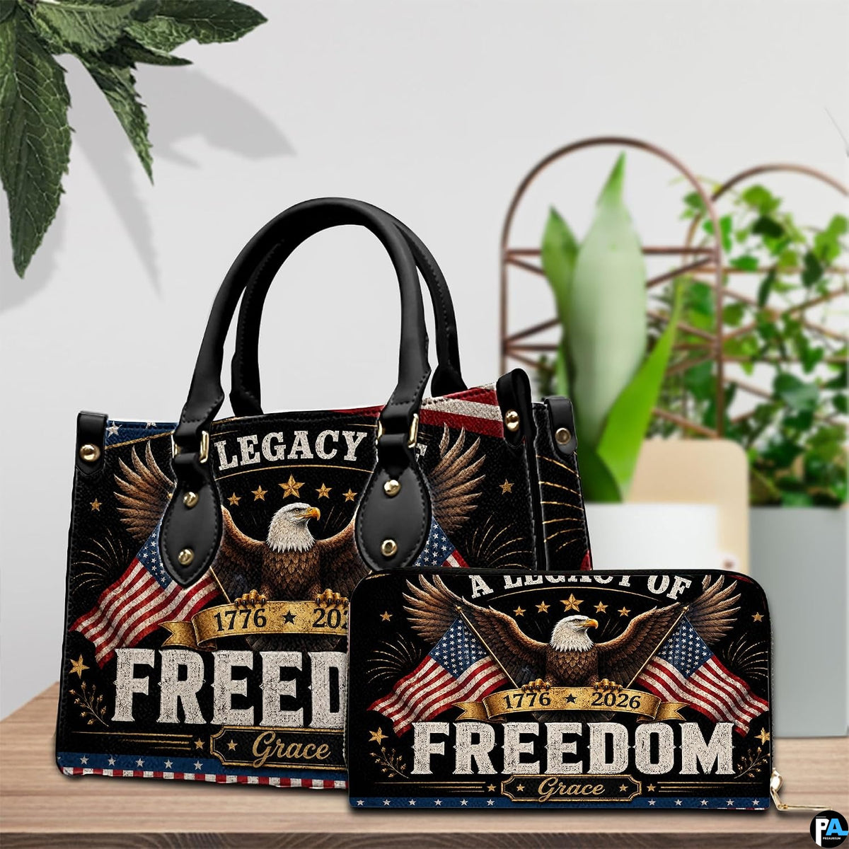 Alternative angle display of patriotic bald eagle handbag and wallet set