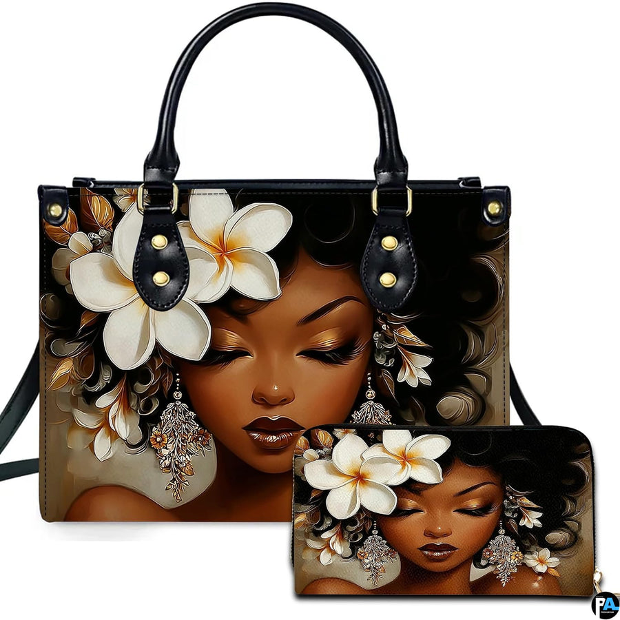Front display showing serene Black woman with closed eyes, plumeria blooms, and golden filigree earrings.