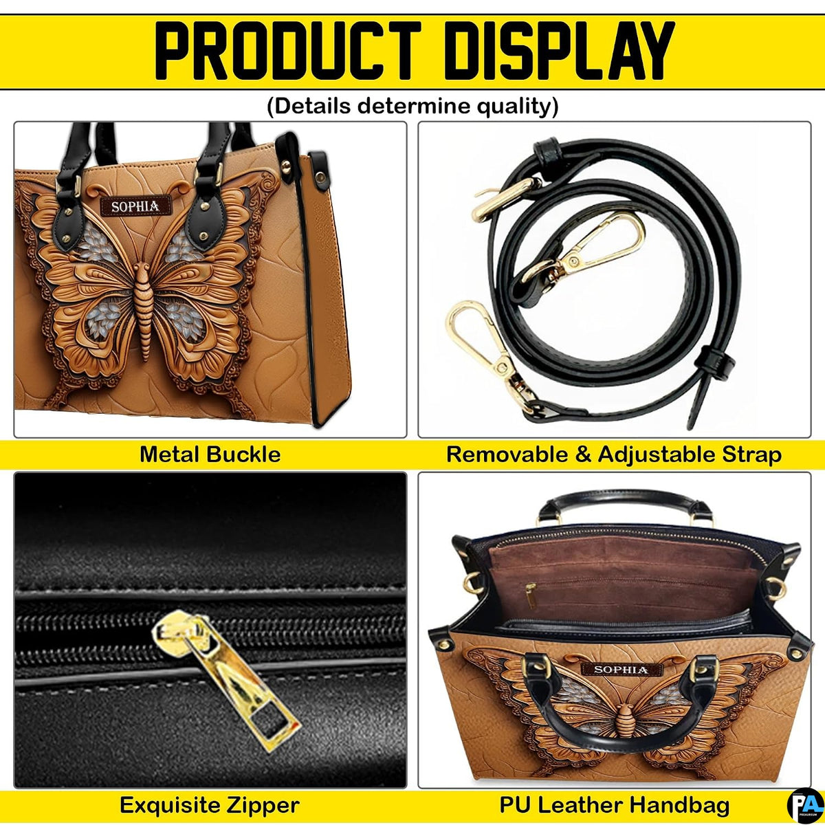 Feature collage displaying carrying straps, top closure, and interior view of the butterfly handbag.