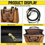 Feature collage displaying carrying straps, top closure, and interior view of the butterfly handbag.
