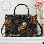 Golden skull handbag on white wooden table beside floral vase with texture swatch inset.