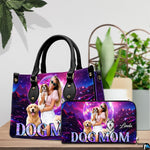 Side profile view of structured canine handbag showing sleek silhouette and black carrying handles.